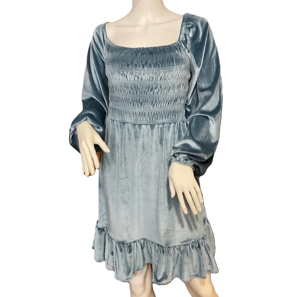Lauren Conrad NWT’s Velvet Feel Blue Party Dress Long Sleeve Ruffle Hem Sz Large - Picture 1 of 15